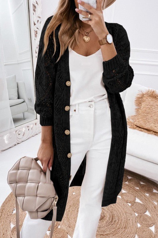 Eyelet sweater button cream black pink cardigan - FamilyClothes