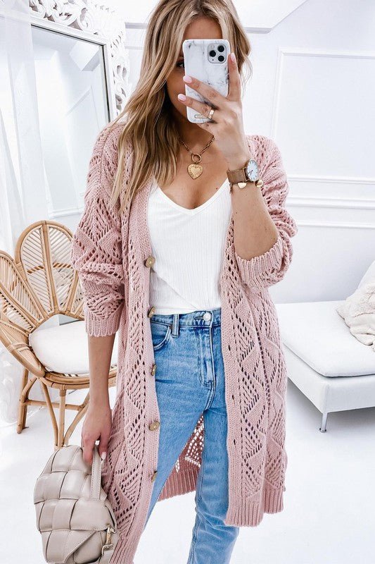 Eyelet sweater button cream black pink cardigan - FamilyClothes
