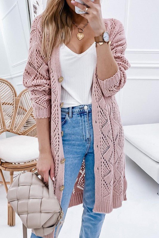 Eyelet sweater button cream black pink cardigan - FamilyClothes
