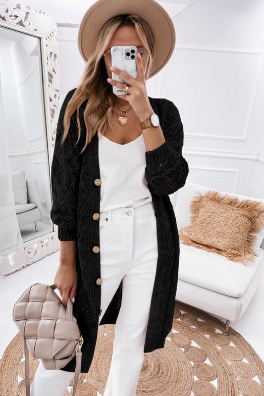 Eyelet sweater button cream black pink cardigan - FamilyClothes