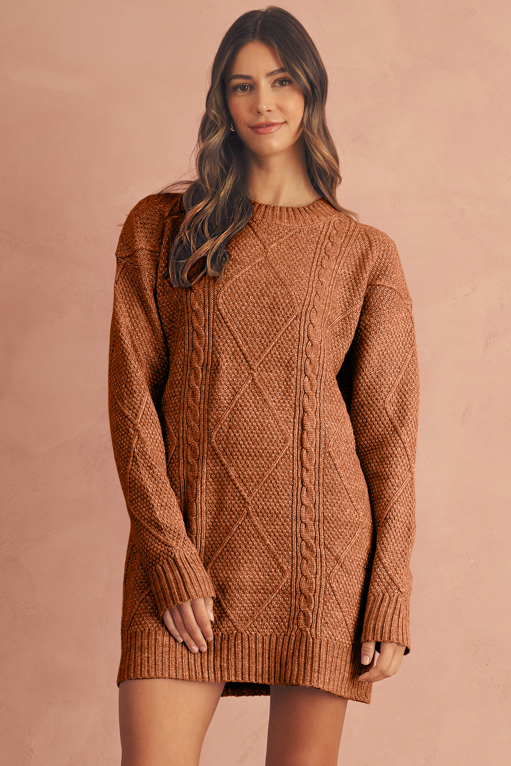 Coffee Twist Cable Knit Drop Shoulder Loose Fit Sweater Dress Shewin