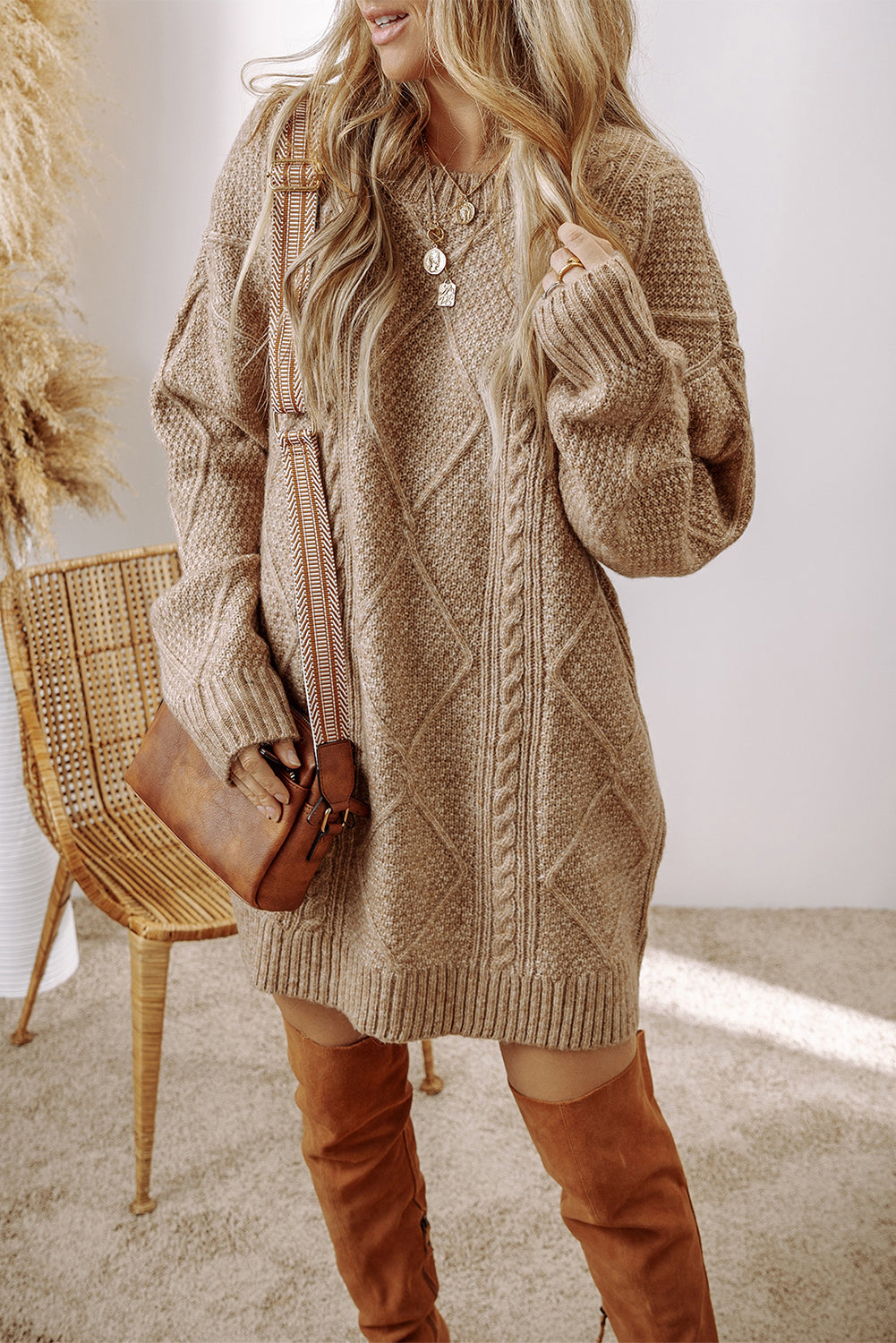 Coffee Twist Cable Knit Drop Shoulder Loose Fit Sweater Dress FamilyClothes
