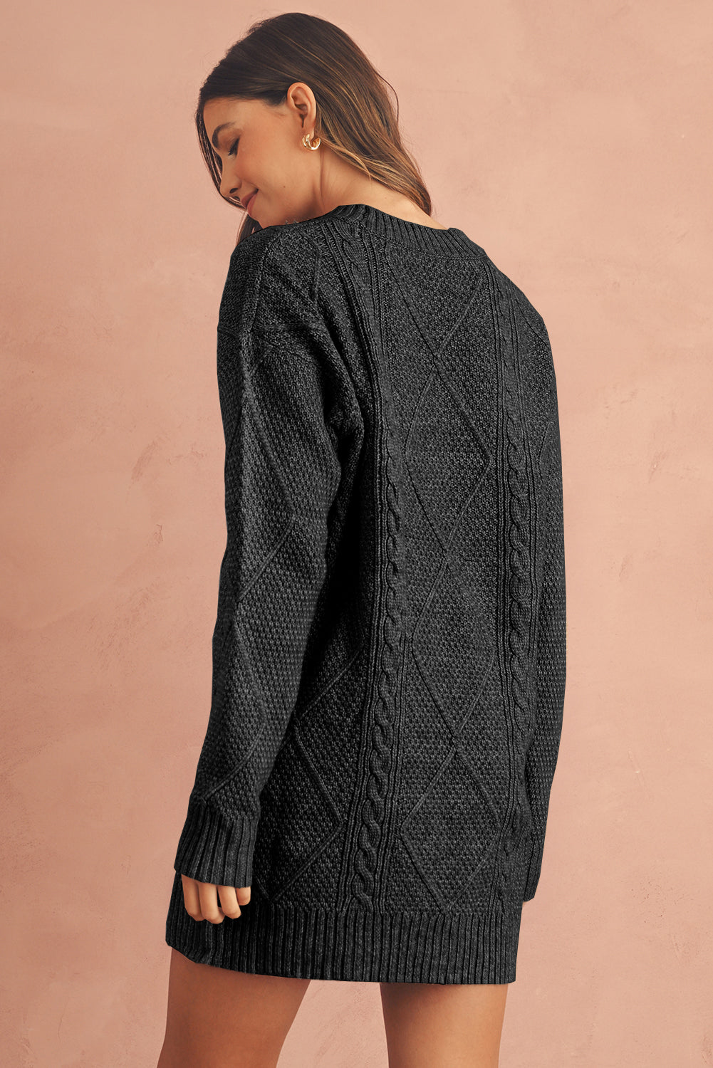 Coffee Twist Cable Knit Drop Shoulder Loose Fit Sweater Dress FamilyClothes