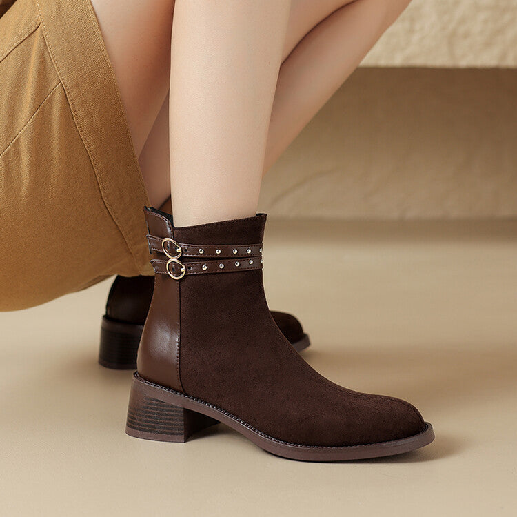 Autumn and winter short boots for women, low heels, thick heels, short boots with belt le rivets, fashion boots T6788