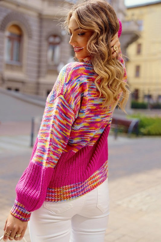 Rainbow Confetti Patchwork Drop Shoulder Sweater - FamilyClothes