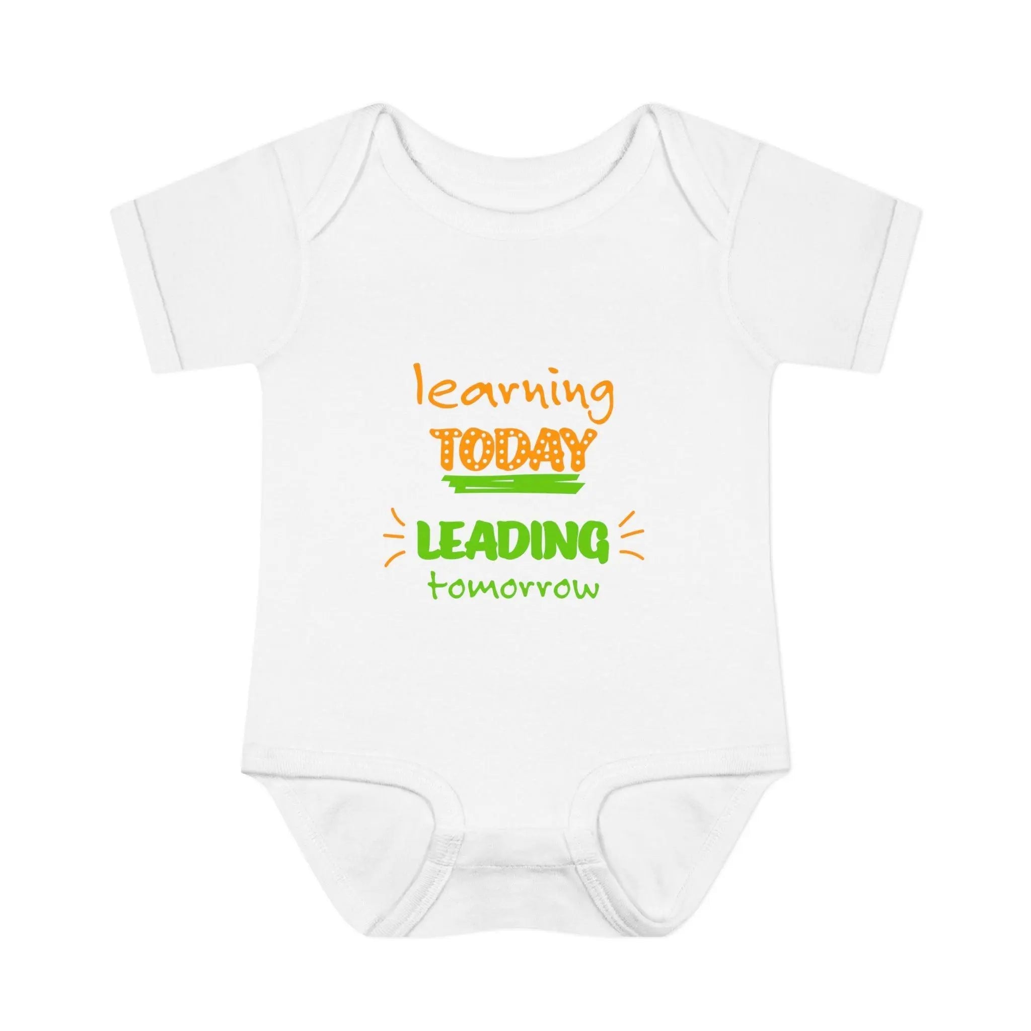 White baby bodysuit with "learning TODAY LEADING tomorrow" printed in orange and green, made of soft breathable cotton with snap closures for easy diaper changes