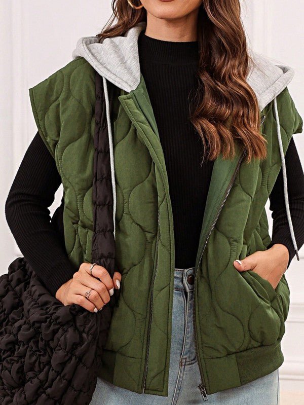 Oversized Drawstring Hooded Zip Up Puffer Vest - FamilyClothes