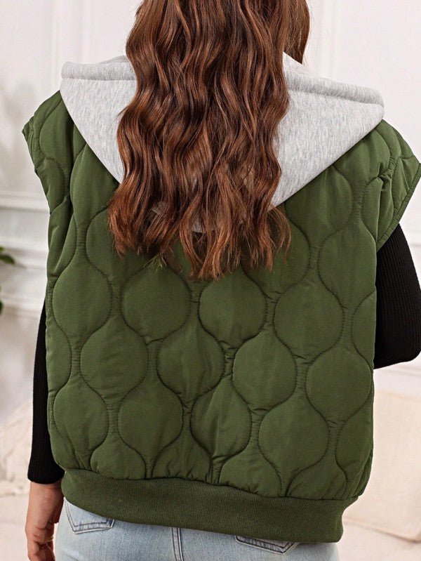 Oversized Drawstring Hooded Zip Up Puffer Vest - FamilyClothes