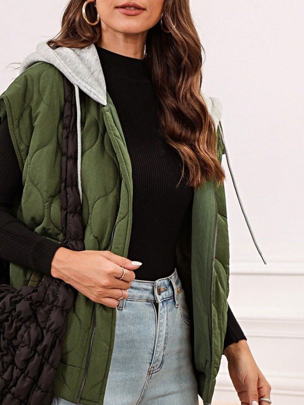 Oversized Drawstring Hooded Zip Up Puffer Vest - FamilyClothes