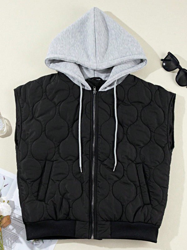 Oversized Drawstring Hooded Zip Up Puffer Vest - FamilyClothes