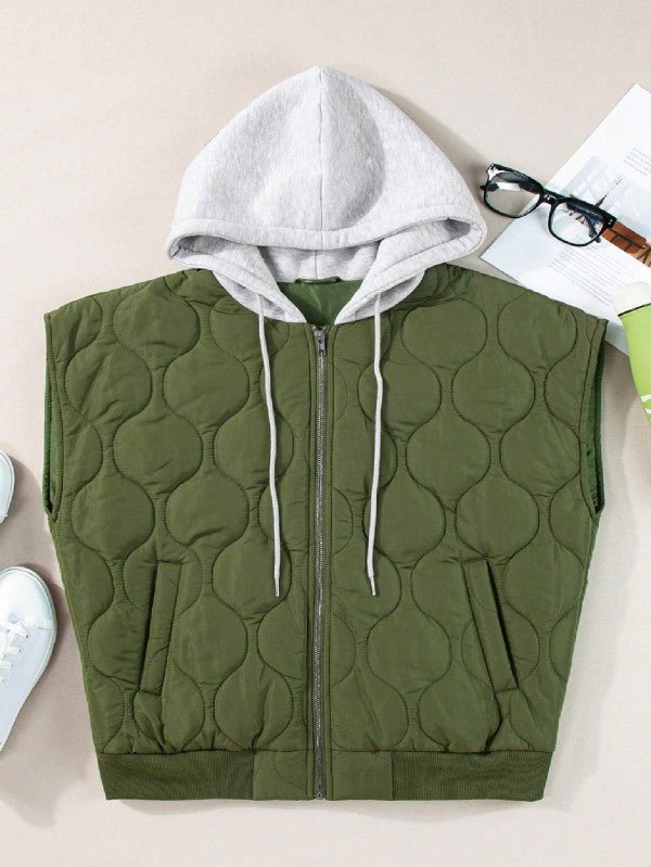 Oversized Drawstring Hooded Zip Up Puffer Vest - FamilyClothes