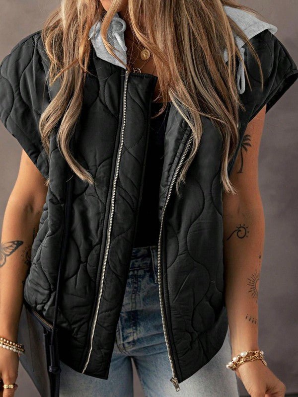 Oversized Drawstring Hooded Zip Up Puffer Vest - FamilyClothes
