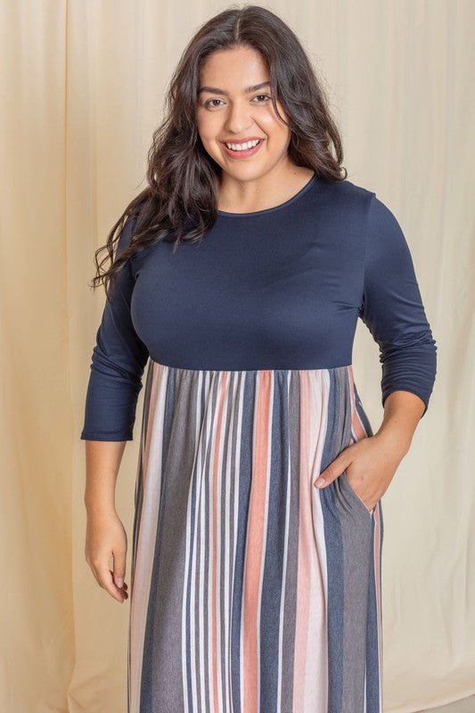 Plus Stripe Quarter Sleeve Maxi Dress - FamilyClothes