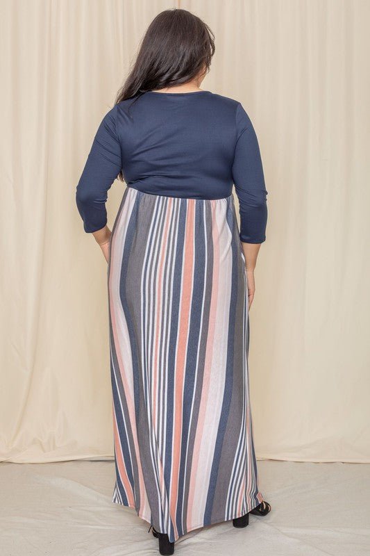 Plus Stripe Quarter Sleeve Maxi Dress - FamilyClothes