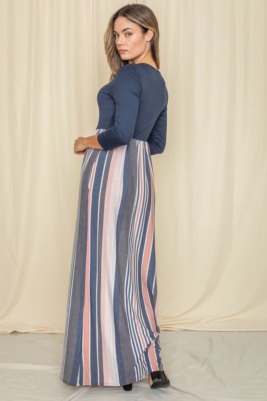 Stripe Quarter Sleeve Maxi Dress - FamilyClothes