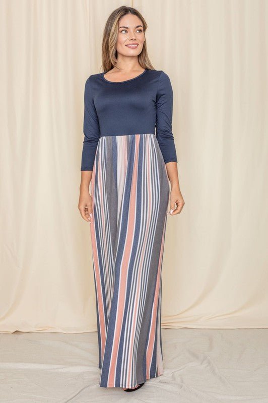 Stripe Quarter Sleeve Maxi Dress - FamilyClothes