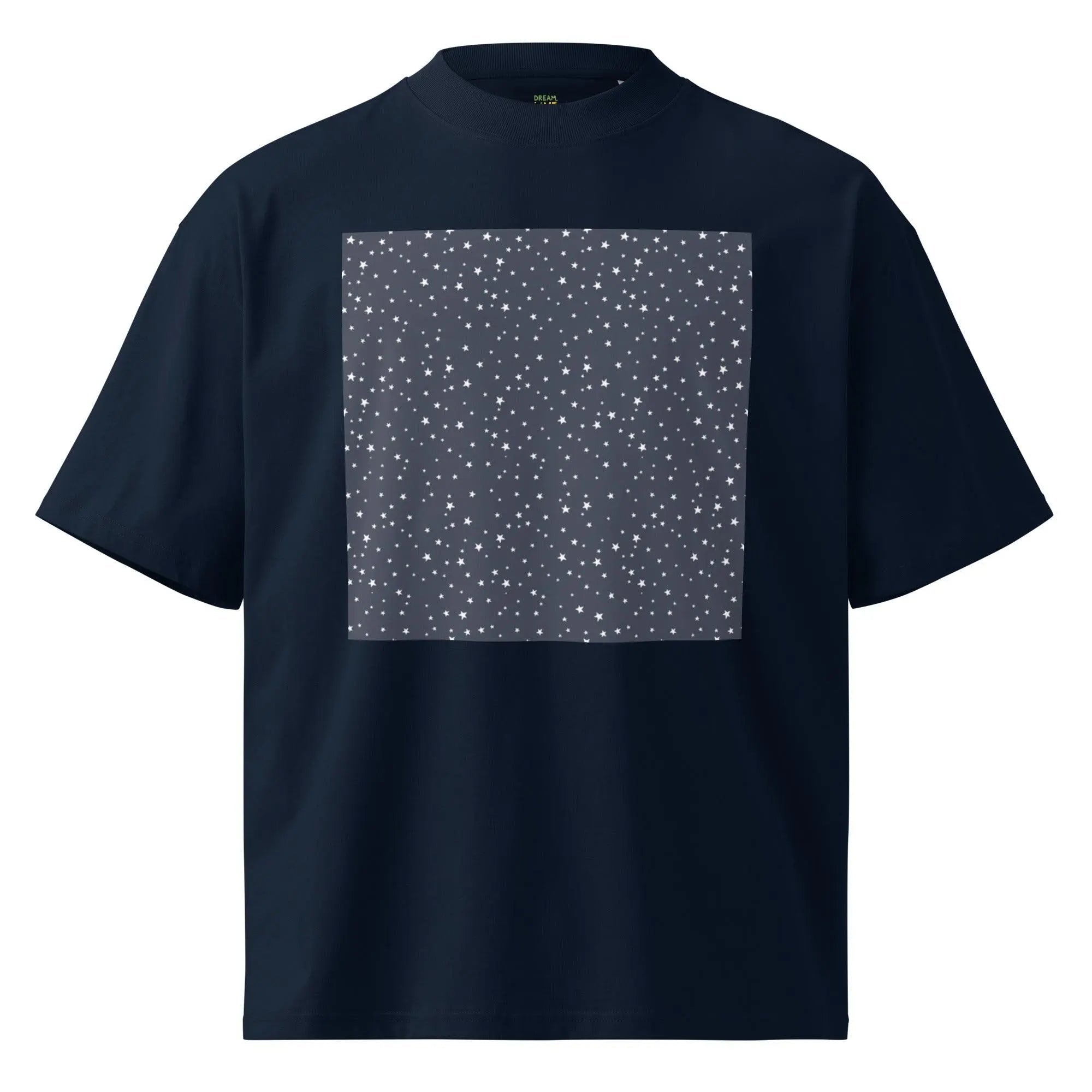 Unisex organic oversized black t-shirt with starry square print and dropped shoulders