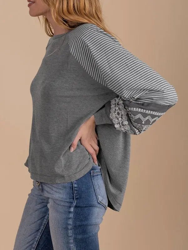 Viscose Striped Raglan Long Sleeve Loose Top - FamilyClothes