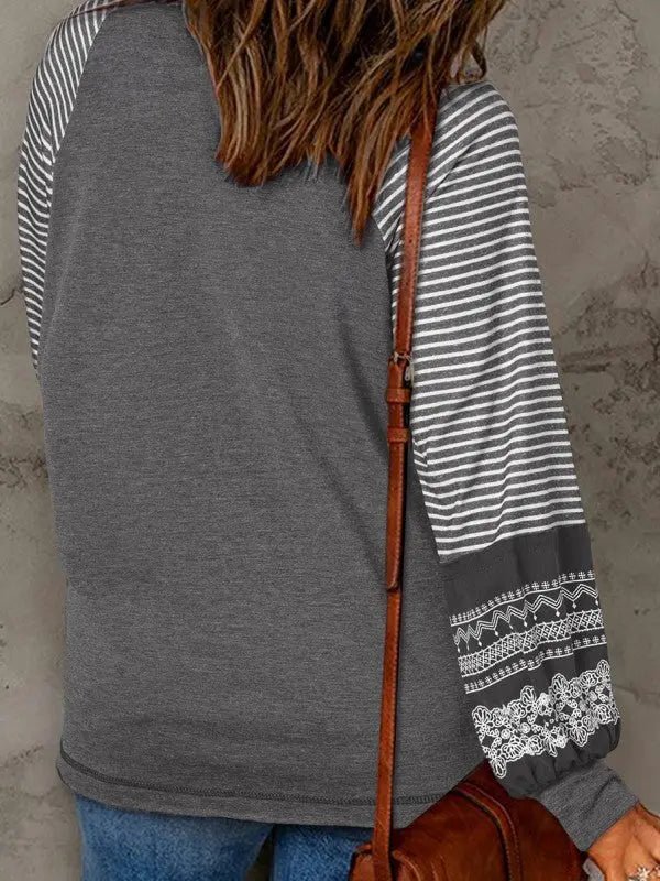 Viscose Striped Raglan Long Sleeve Loose Top - FamilyClothes