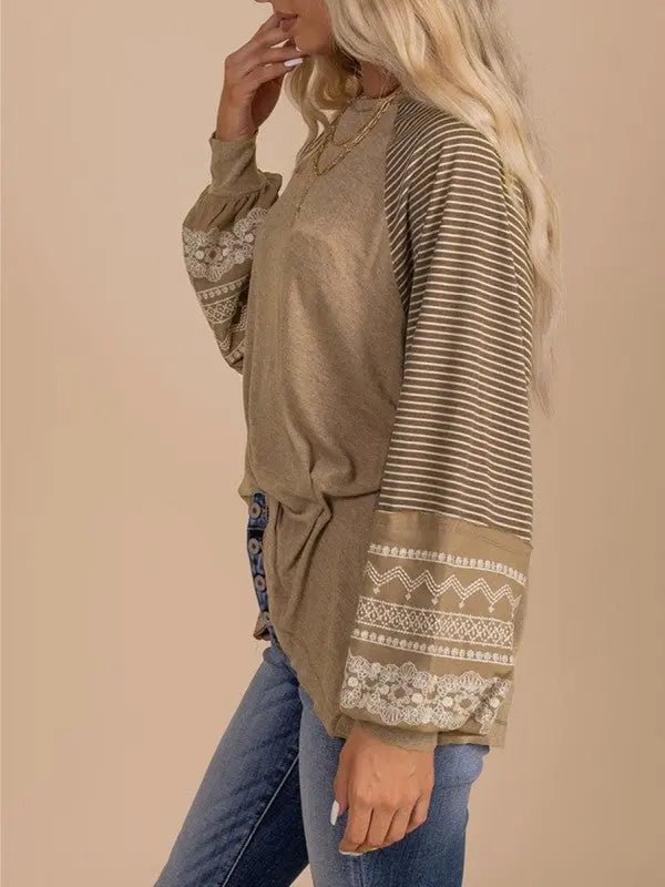 Viscose Striped Raglan Long Sleeve Loose Top - FamilyClothes