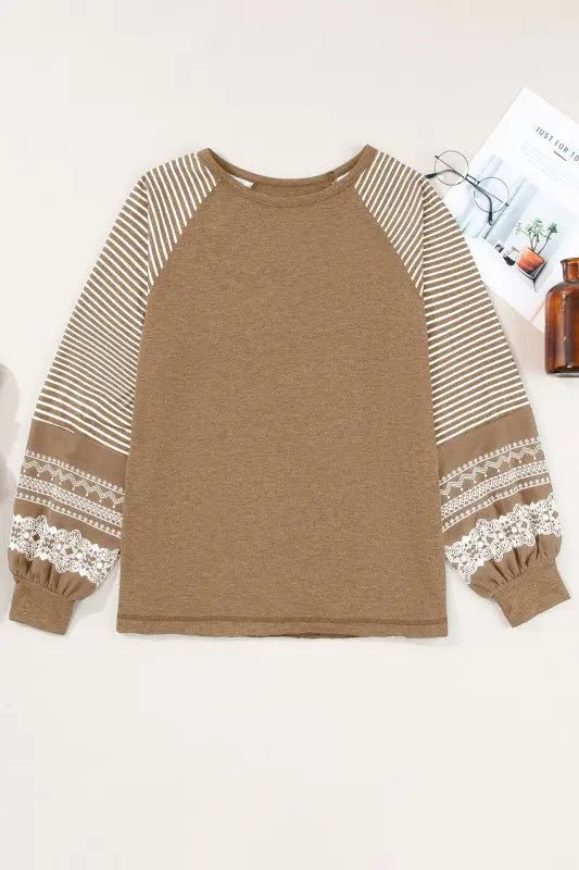 Viscose Striped Raglan Long Sleeve Loose Top - FamilyClothes