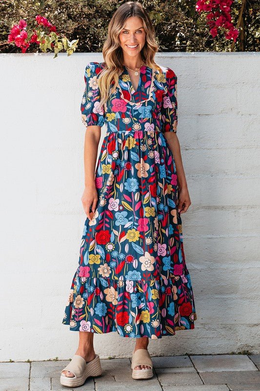 Women Retro Floral Printed Split Neck Maxi Dress - FamilyClothes
