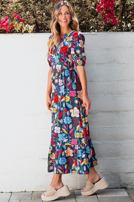 Women Retro Floral Printed Split Neck Maxi Dress - FamilyClothes